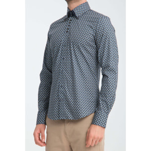 Camicia Uomo 2 Bottoni Button Down 7bottoni Doppio Coll Popeline Stretch Stampato Blu e Ocra
