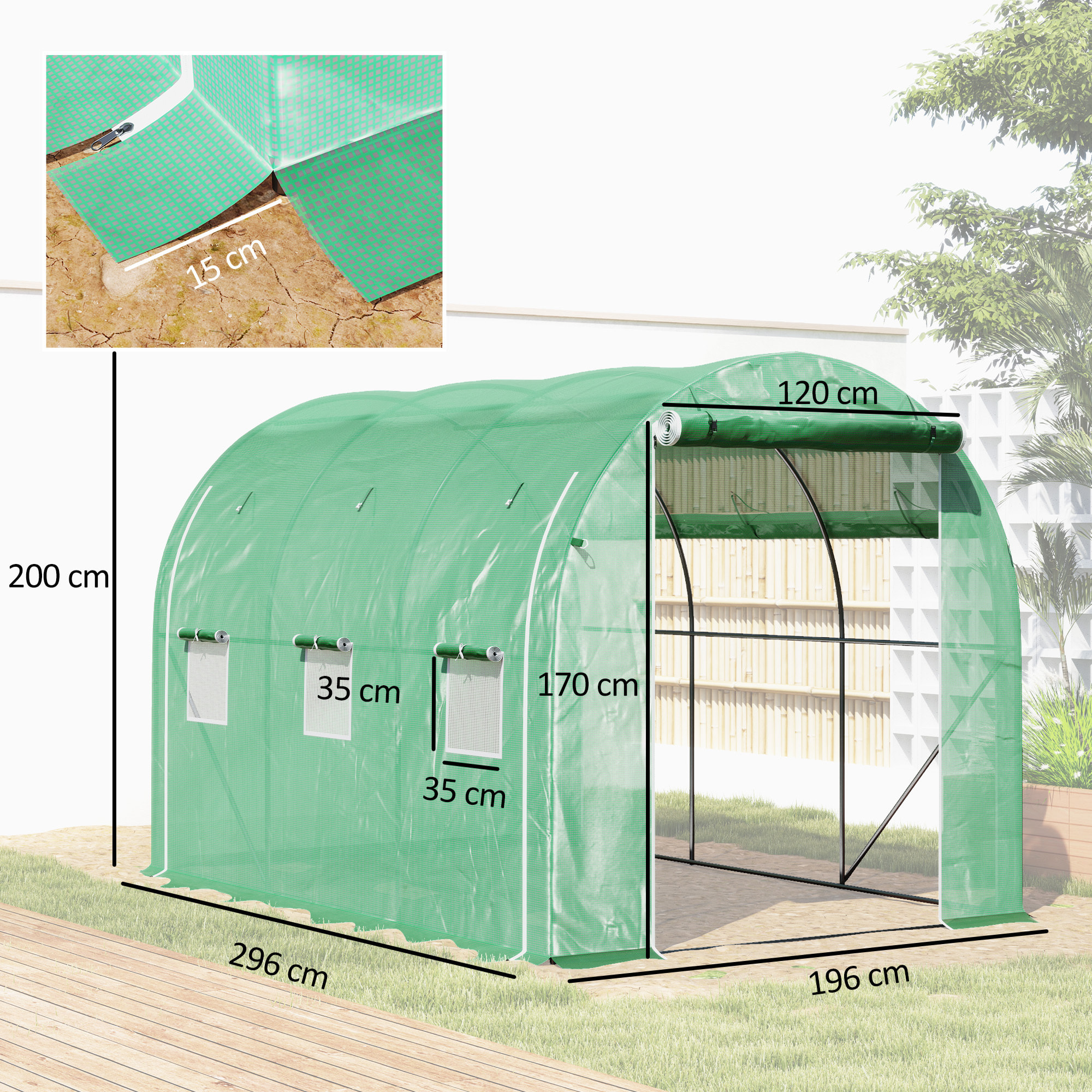 Invernadero de Túnel 296x196x200 cm Invernadero de Jardín con 3 Puertas Enrollables 6 Ventanas Cubierta PE 140g/m² Estructura de Acero Galvanizado para Cultivos Plantas Flores Verde