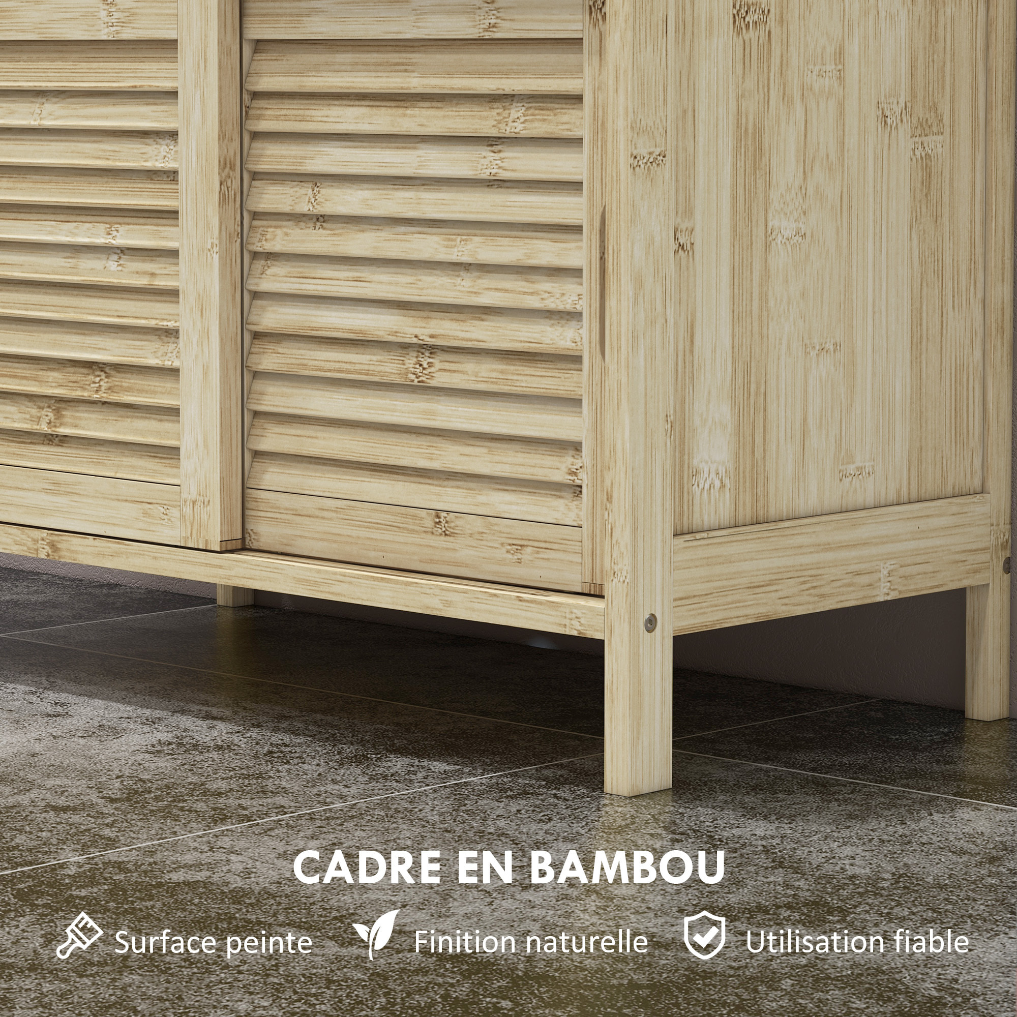 Meuble sous vasque style cosy naturel - 2 portes coulissantes - dim. 60L x 30l x 60H cm - bambou verni