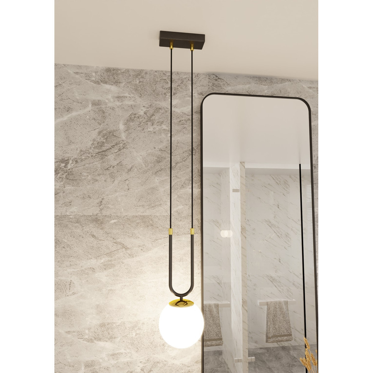 Lampada a sospensione GLAM in acciaio nero opaco e vetro opalino