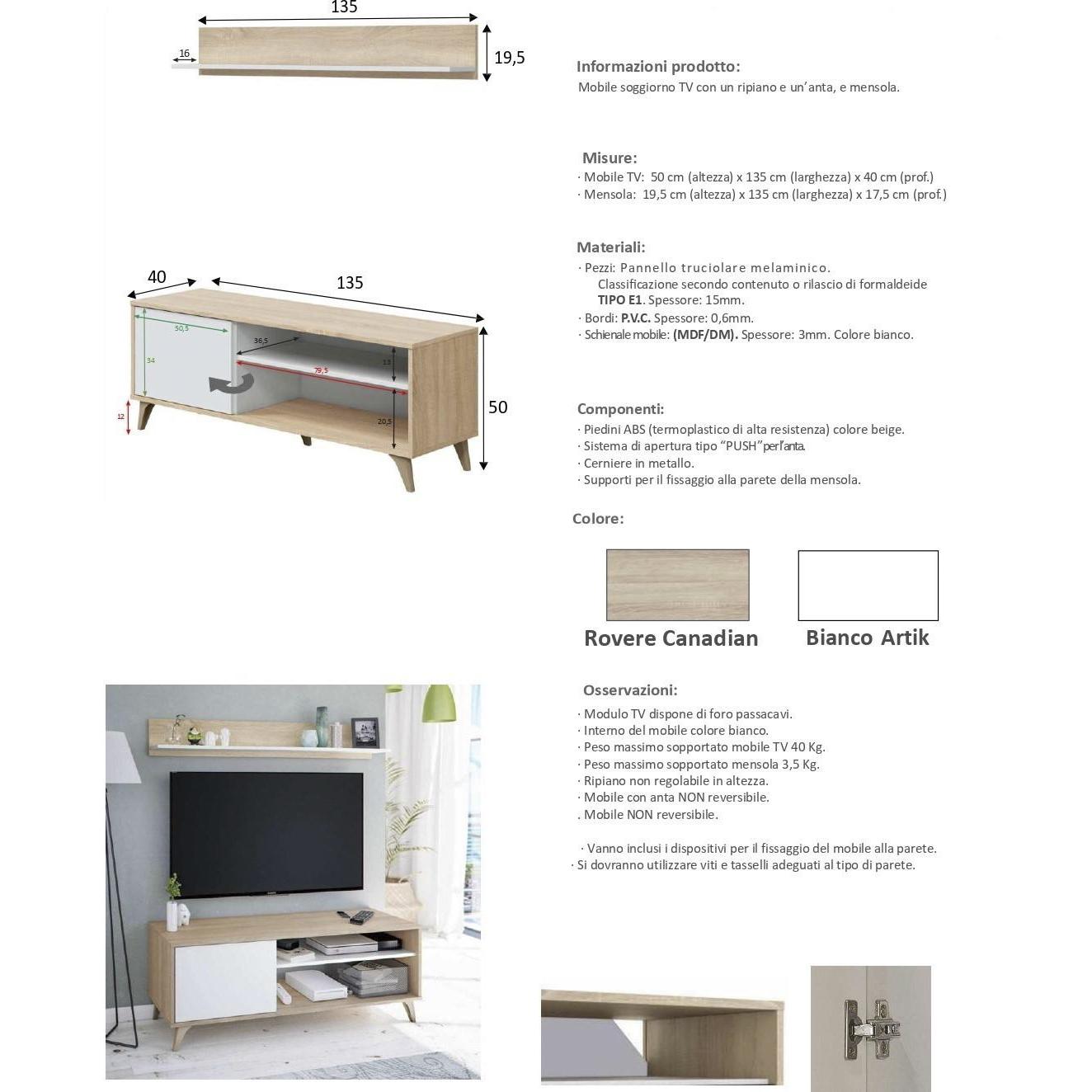 Mobile porta TV Mesa, Credenza per televisione da soggiorno con 1 anta, Supporto TV da salotto, Madia di design, cm 135x40h50, Rovere