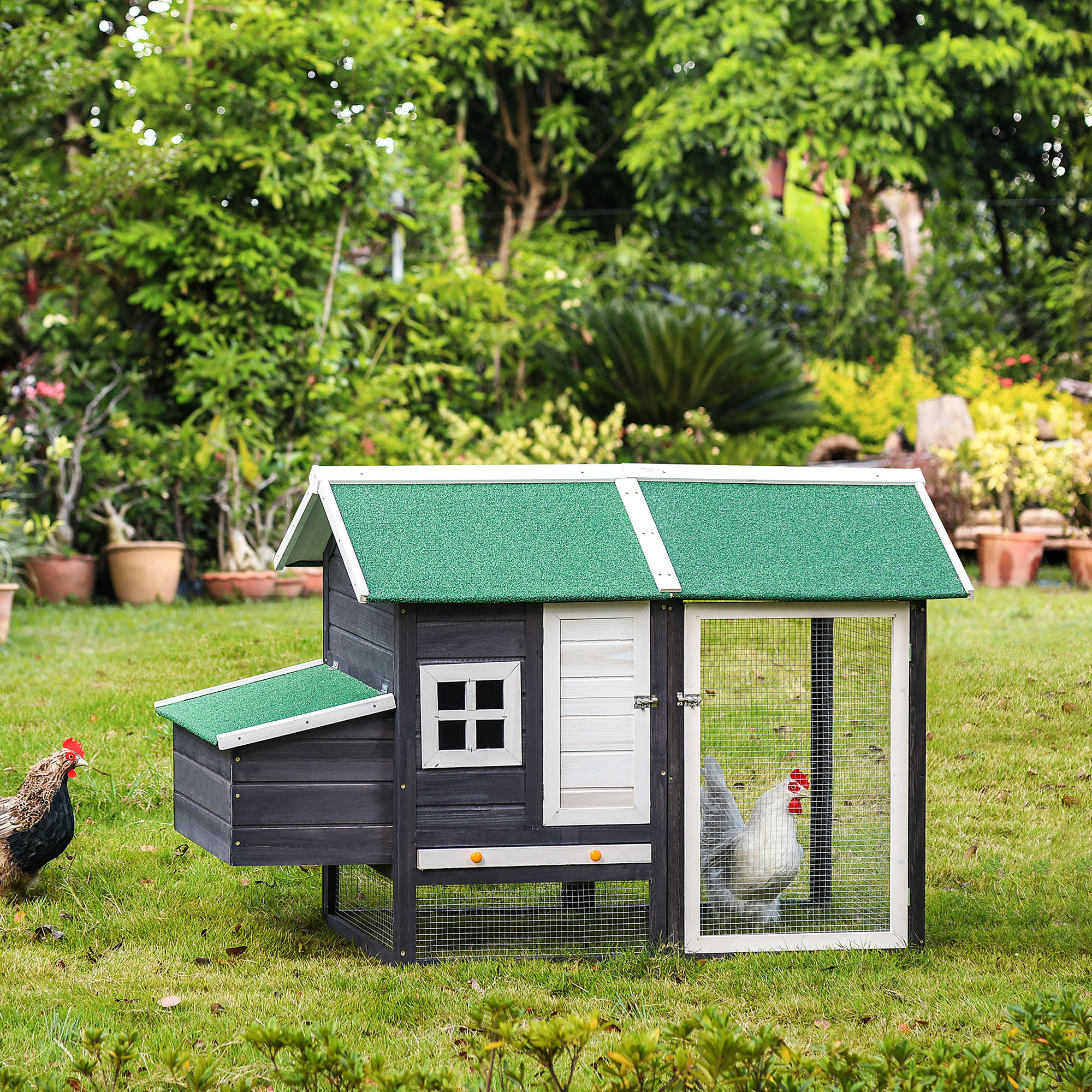 Gallinero de Madera Exterior Jaula Cercada para Gallinas con Caja Nido Corral de Metal Techo Asfáltico Bandeja Extraíble Ventana y Rampa 170x81x110 cm Gris