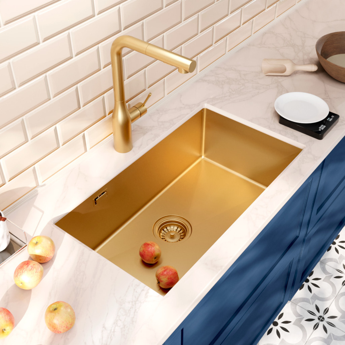 Timeless Évier de cuisine sous plan inox 304, 1 bac , 68x45x21 cm, Or brossé PVD