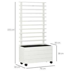Jardinera con Enrejado de Madera Maciza con 4 Ruedas Macetero de Jardín con Soporte para Trepadora y Tela Geotextil para Cultivos Plantas Flores en Exterior 76x30x155 cm Blanco