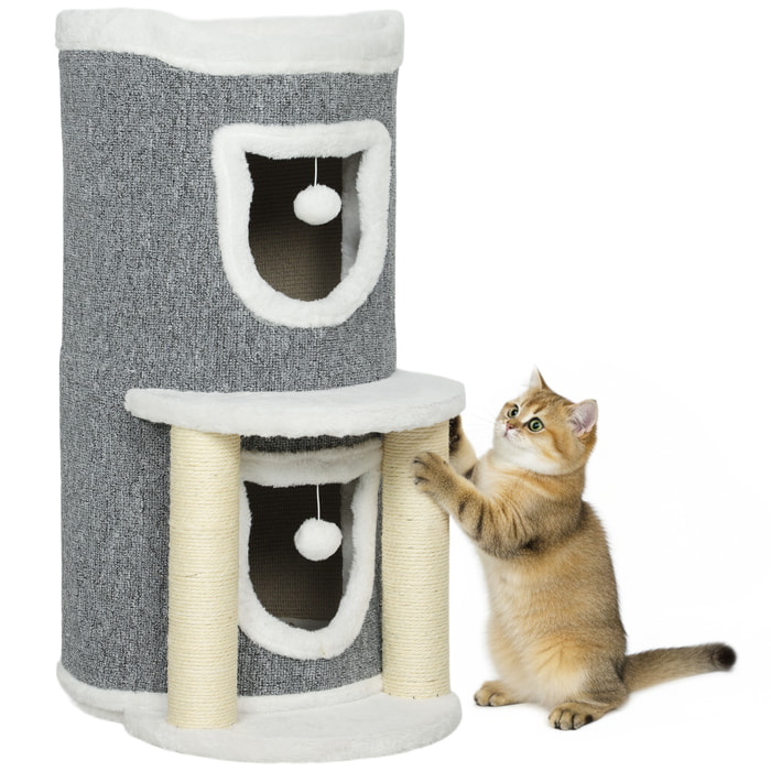 Árbol Rascador para Gatos, Árbol para Gatos 76 cm, Torre Escalador con Cama, 2 Cuevas, Postes de Sisal, Alfombra de Rascado, Bolas para Jugar, Gris