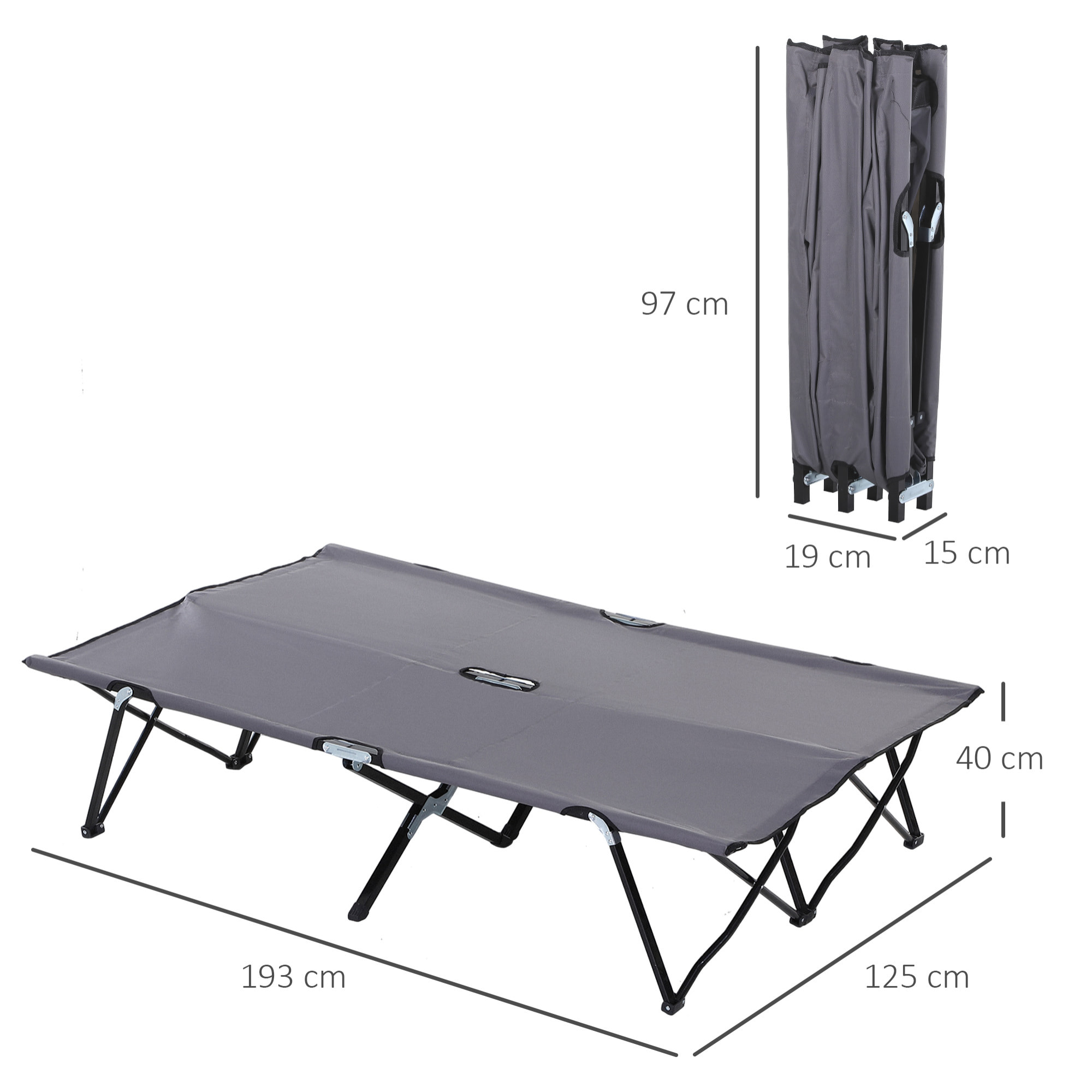 Lit de camp pliable double 193 x 125 x 40 cm avec sac de transport métal noir polyester Oxford gris