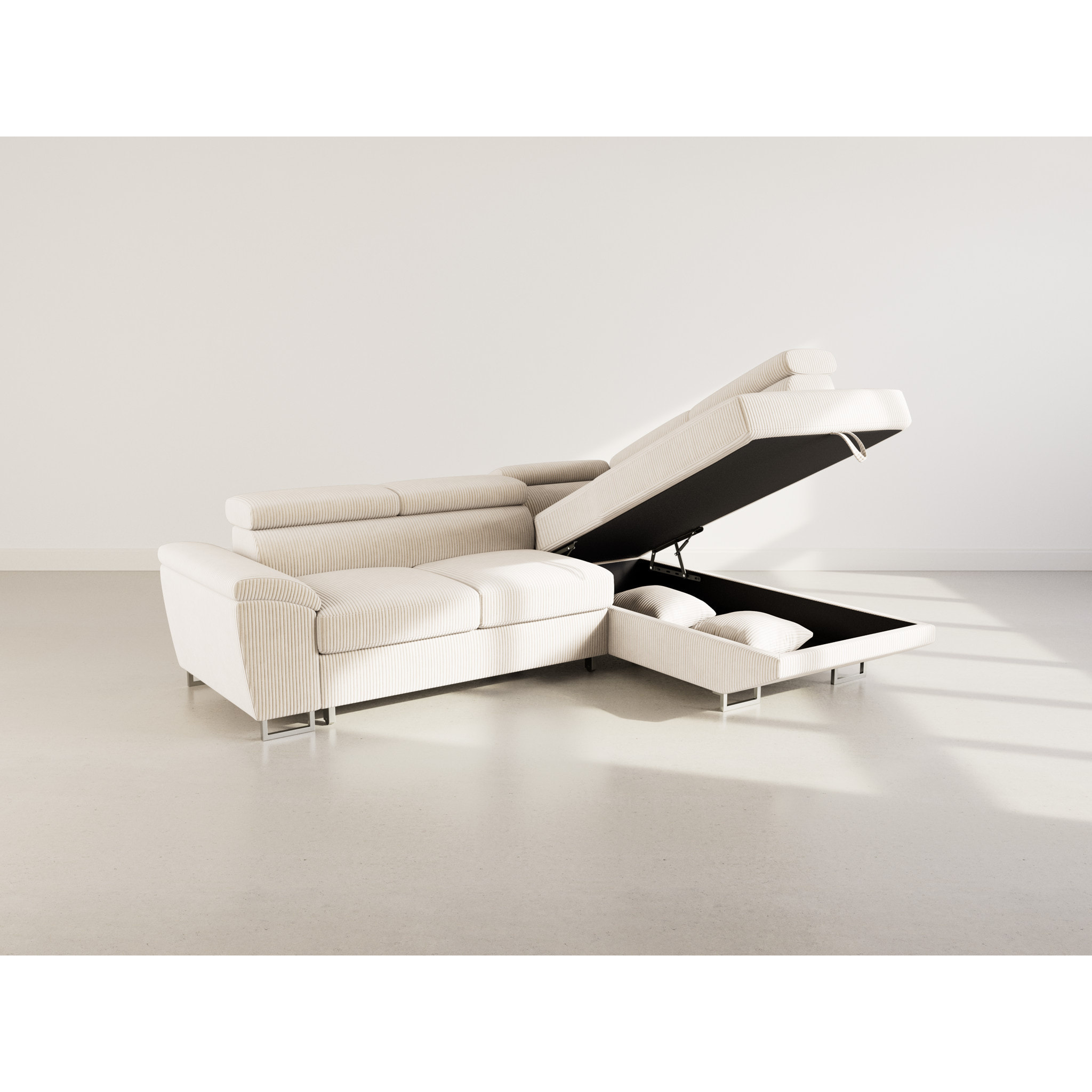 Baoji - Canapé d'angle droit 5 places convertible avec têtières et coffre en velours côtelé - Beige