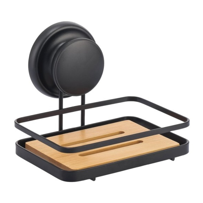 Porte Savon avec Mega Ventouse Acier & bambou Noir mat MSV