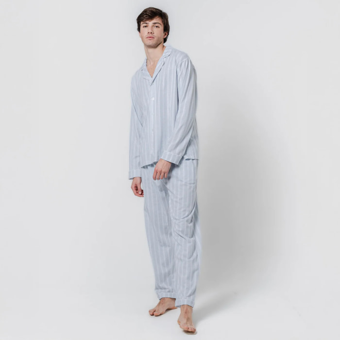 Pigiama lungo in cotone stile camicia con righe blu marsiglia
