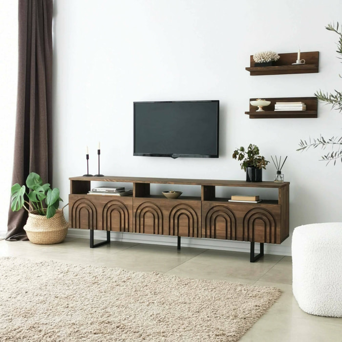 Mobile porta TV Barbania, Credenza da soggiorno, Armadio basso per TV, Base parete attrezzata, 170x30h40 cm, Noce