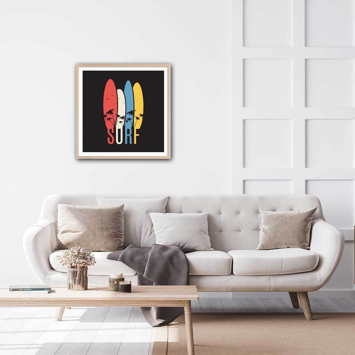 Affiche retro passion surf Affiche + cadre en bois - Chêne