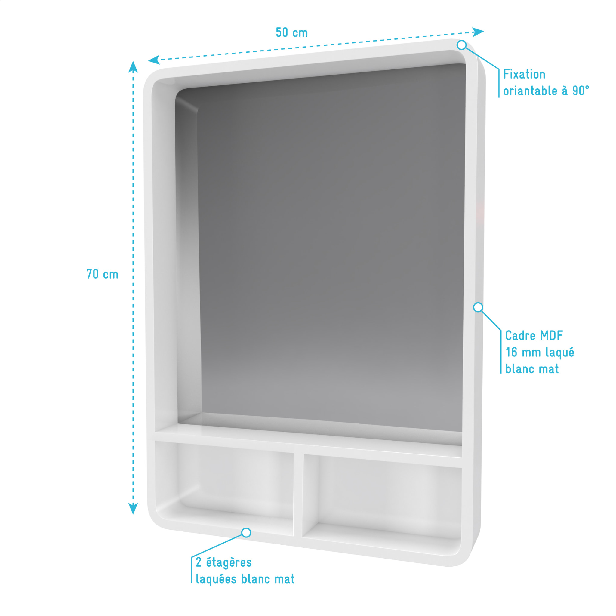 Miroir salle de bain 50x70cm avec étagères - NORDIK HYLLA