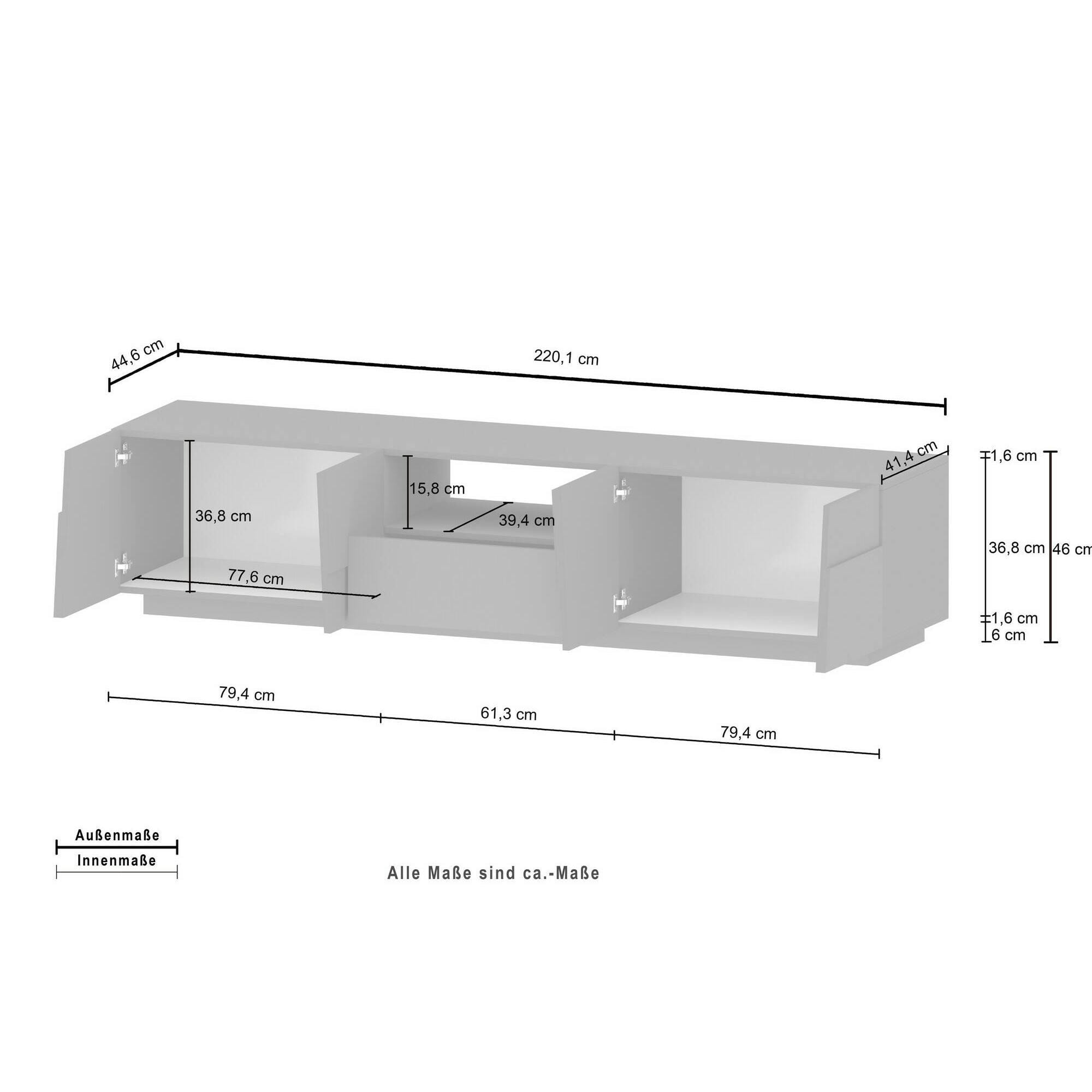 Mobile porta TV Dcortinovi, Credenza bassa da soggiorno con 4 ante e 1 cassetto, Base porta TV, 220x44h46 cm, Bianco lucido