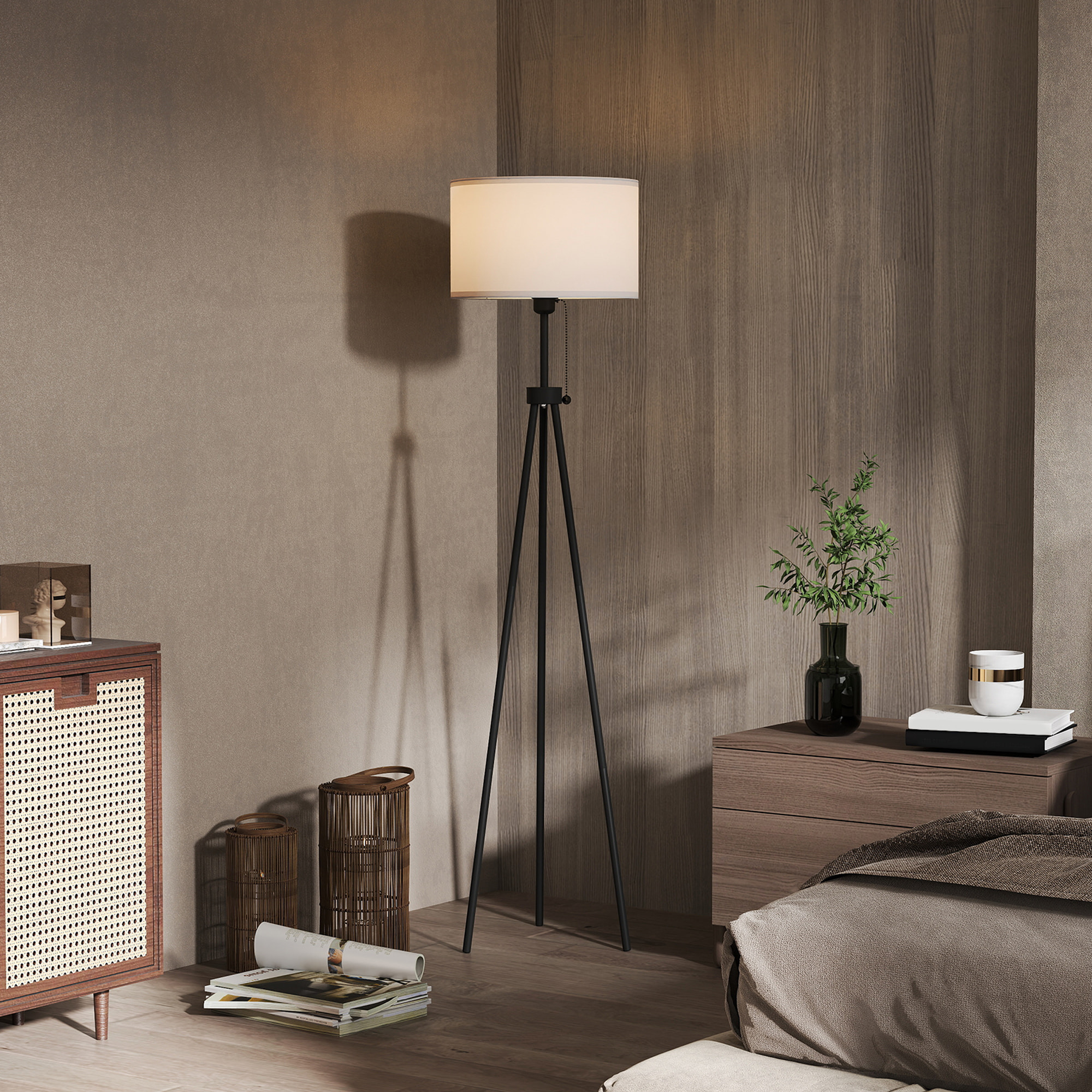Lámpara de Pie Moderna Lámpara de Pie Salón con Pantalla Redonda Trípode y Casquillo E27 Lámpara para Dormitorio Sala de Estar Blanco y Negro
