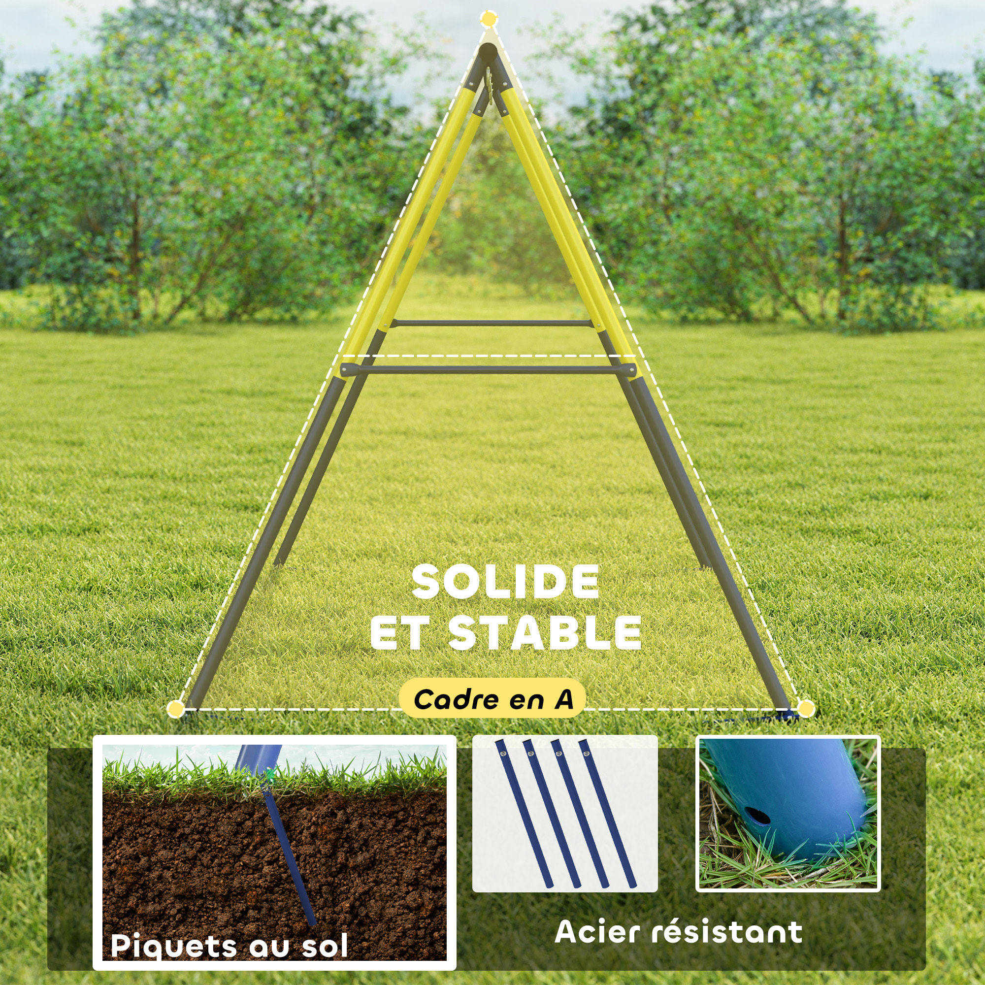 Portique balançoire double 4 crochets acier max. 150 Kg jaune bleu