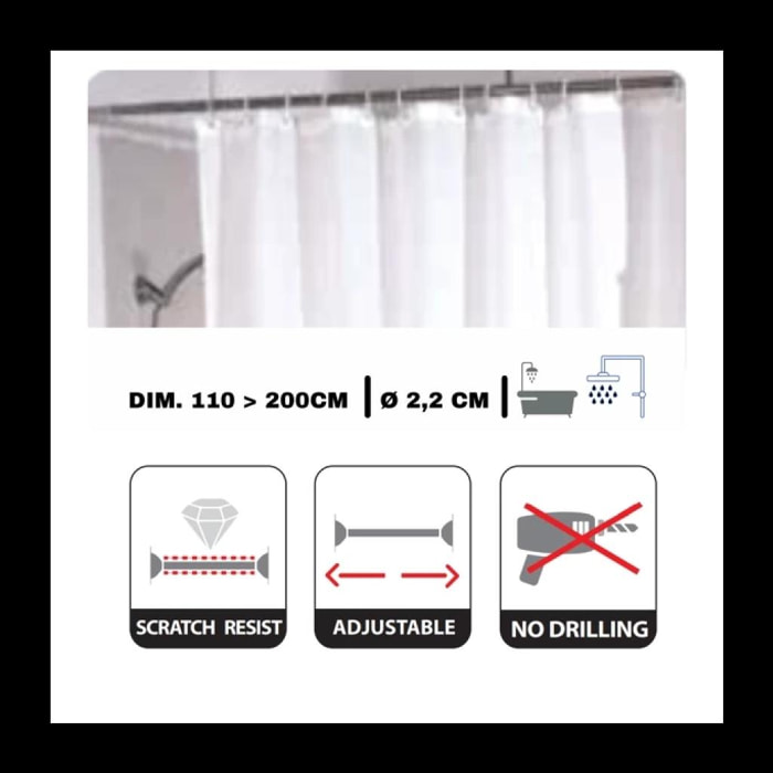 Barre tringle pour rideau de douche ou baignoire extensible sans perçage 110-200cm Inox MSV