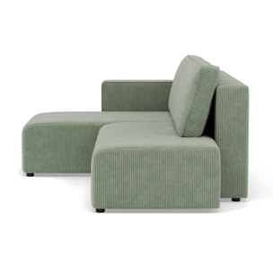 Topaze - canapé d'angle gauche 4 places convertible avec coffre sans accoudoir en velours côtelé - Vert sauge
