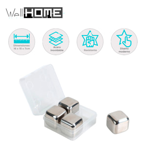 Cubitos de hielo de acero inoxidable - set 4 piezas en caja con clip ø2,7cm