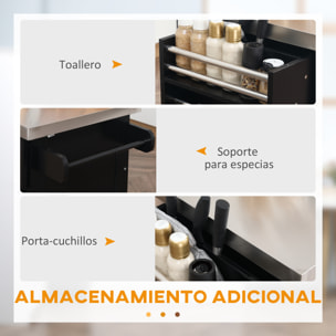 Isla de Cocina con Ruedas Carro de Cocina con Tablero de Acero Inoxidable 2 Cajones 4 Puertas 2 Estantes Ajustables Especiero y Toallero 145x45x93 cm Negro