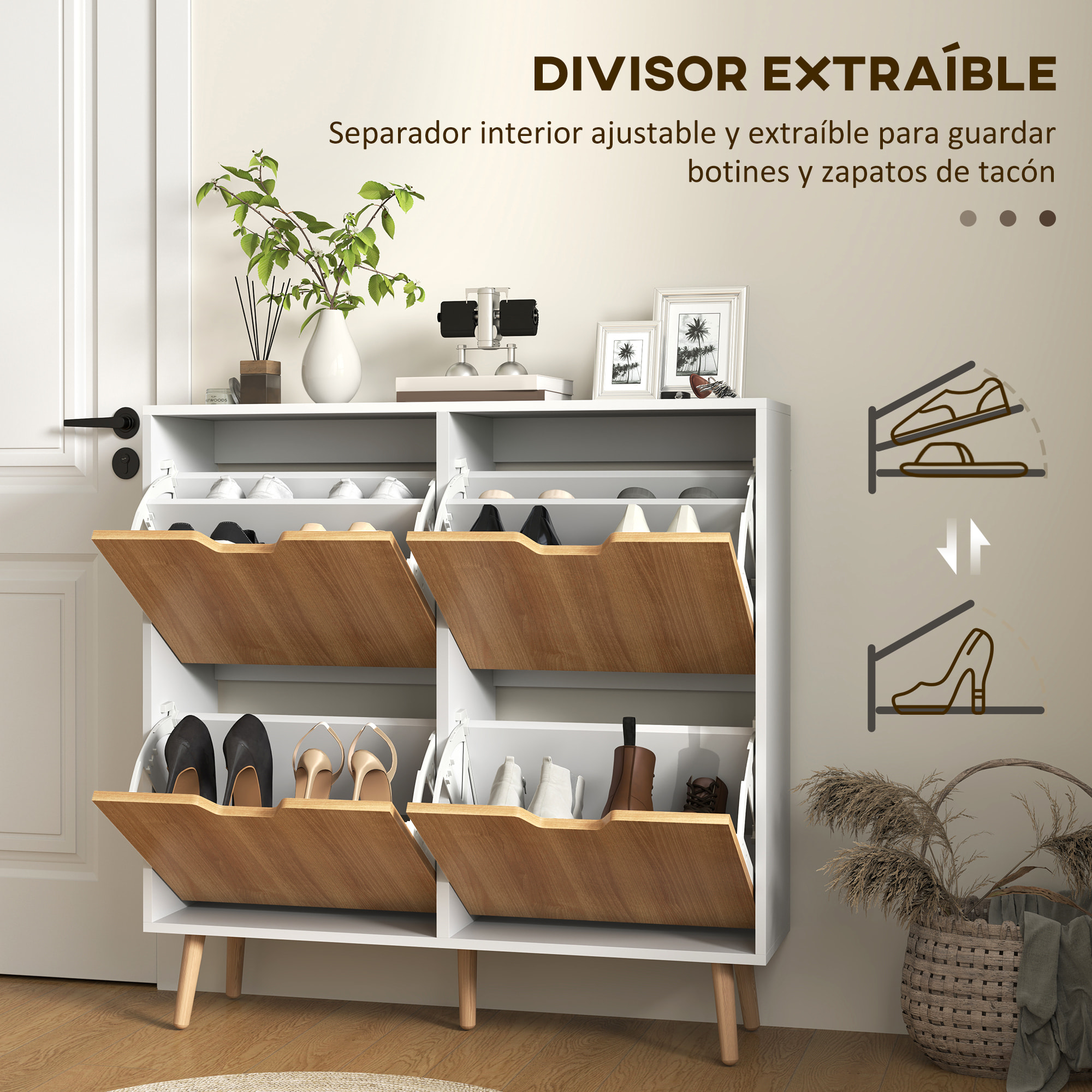 Zapatero Estrecho con 4 Cajones Abatibles, Zapatero Entrada Recibidor con Patas de Madera y Estantes Ajustables, para 16 Pares de Zapatos, para Pasillo, 95x26x95 cm, Natural y Blanco