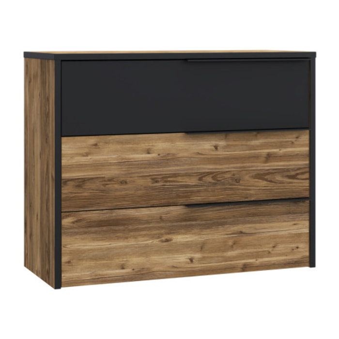 Commode H80 cm 3 tiroirs décor bois épicéa et noir mat -YAL