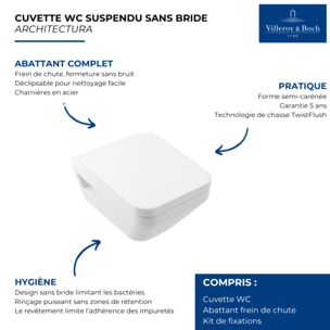 Cuvette WC suspendu sans bride Architectura Twistflust rectangle avec abattant frein de chute