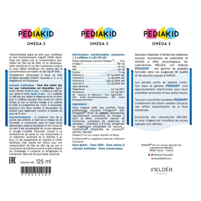 PEDIAKID - Oméga 3 - Complément Alimentaire Naturel - Formule Exclusive au Sirop d'Agave - Riche en DHA - Favorise le Bon Fonctionnement du Cerveau - Goût Citron-Cola - Lot de 2 Flacons 125 ml