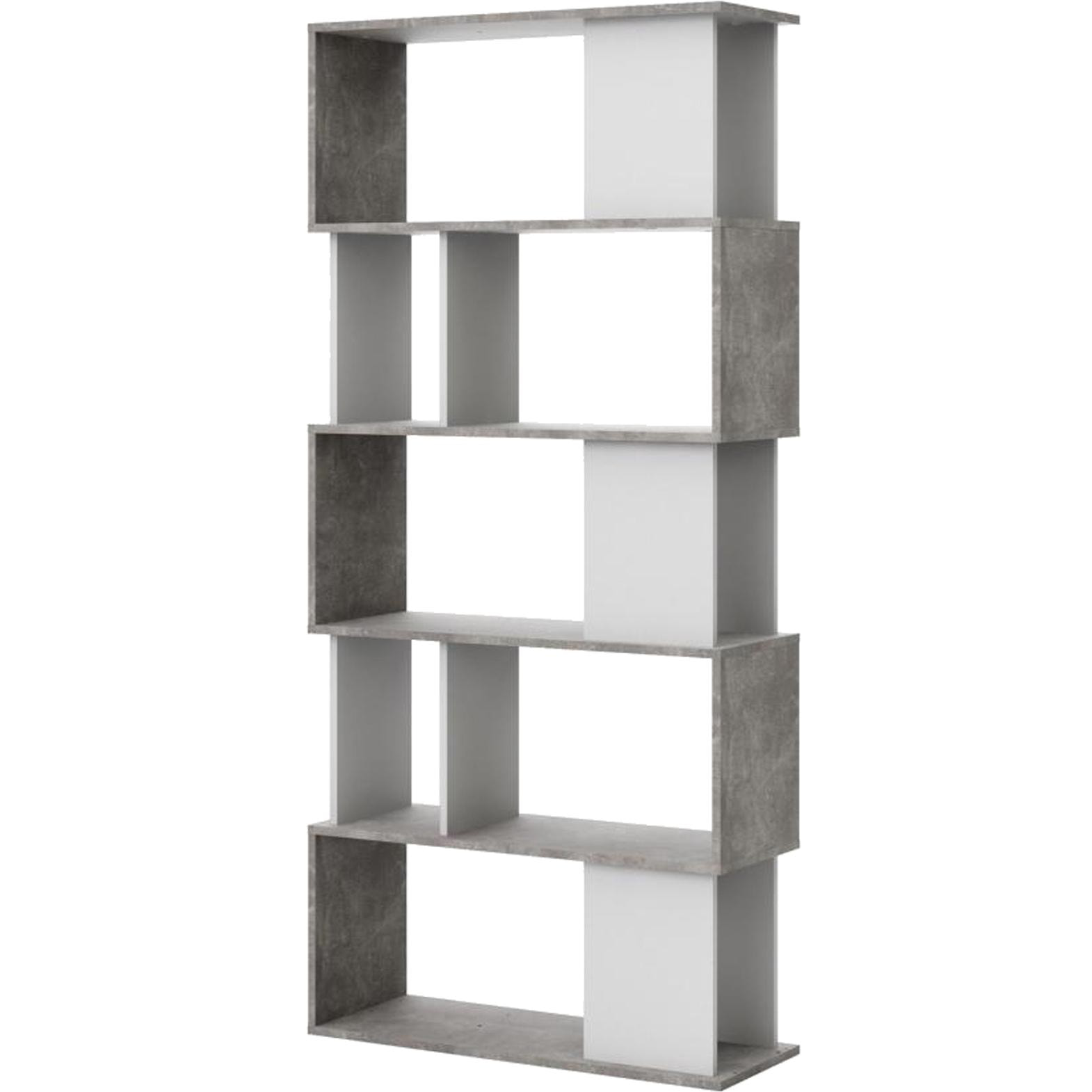 Libreria con 5 ripiani asimmetrici, colore bianco e grigio, Misure 80 x 175 x 29,5 cm