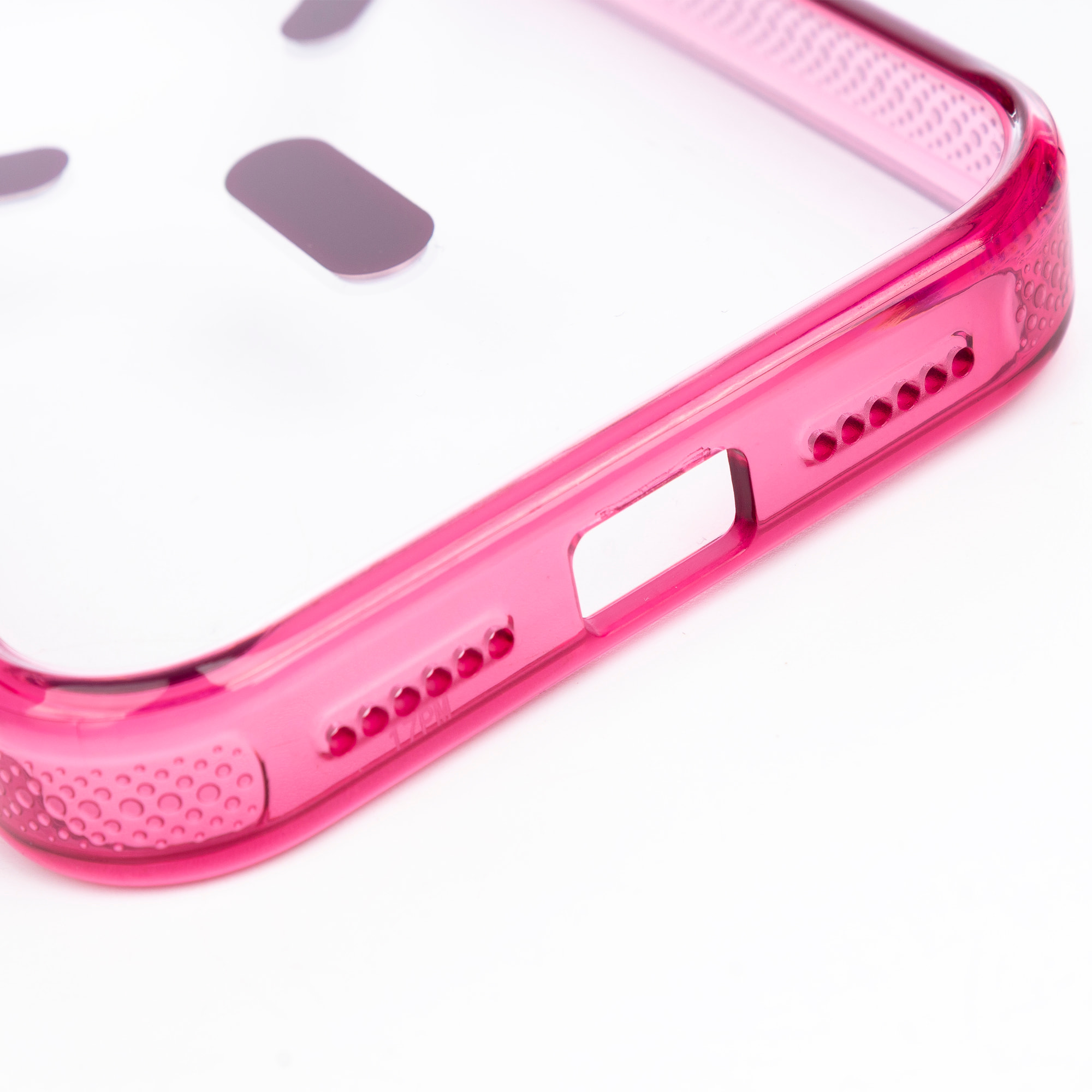 Custodia trasparente con camera coperta e bordi fucsia. Magsafe per iPhone 17 Pro Max.