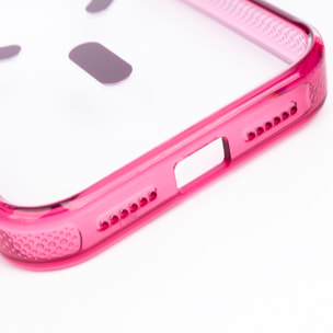 Custodia trasparente con camera coperta e bordi fucsia. Magsafe per iPhone 17 Pro Max.