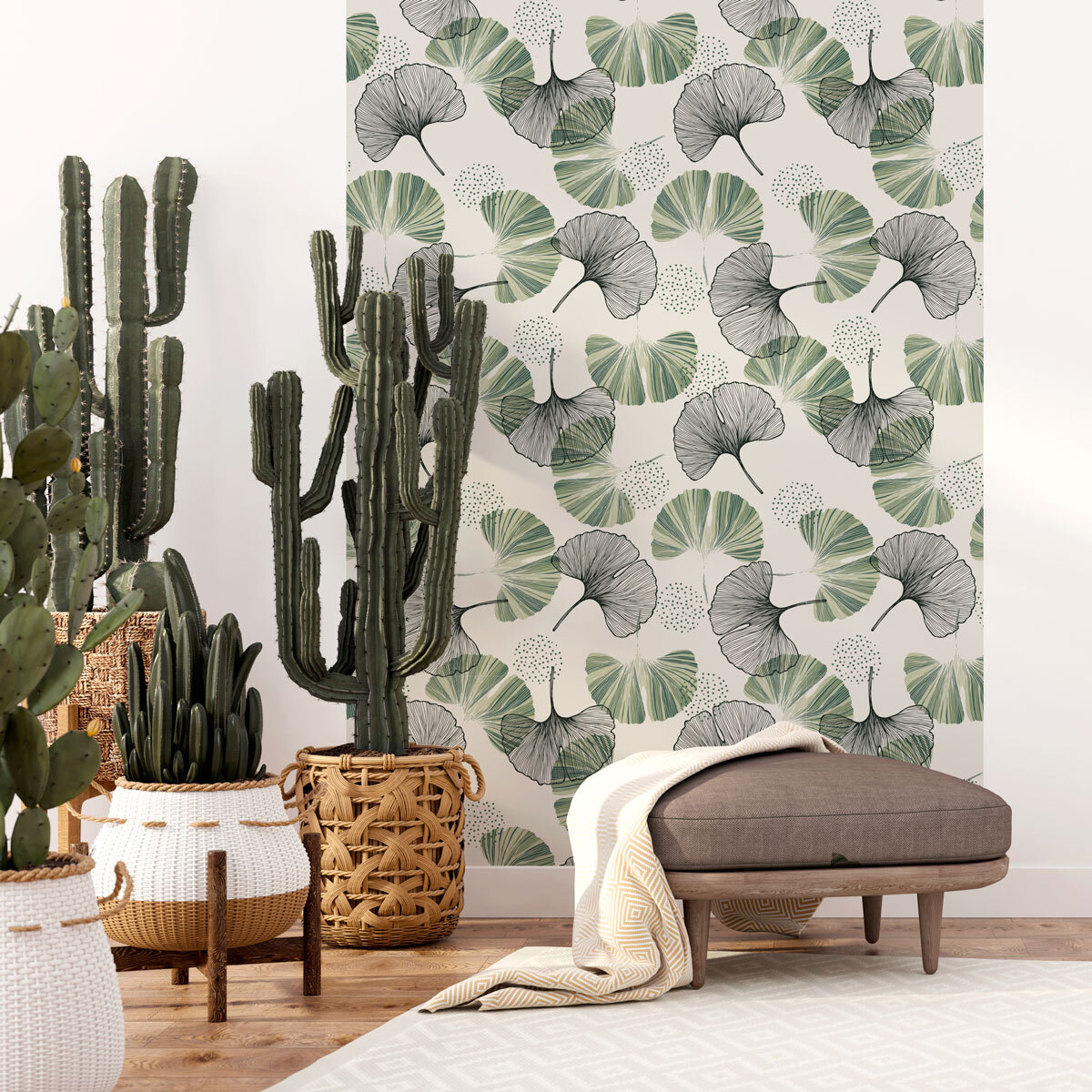 Papier peint intissé pré-encollé - FEUILLES DE GINKGO GRIS VERT - 1 rouleau