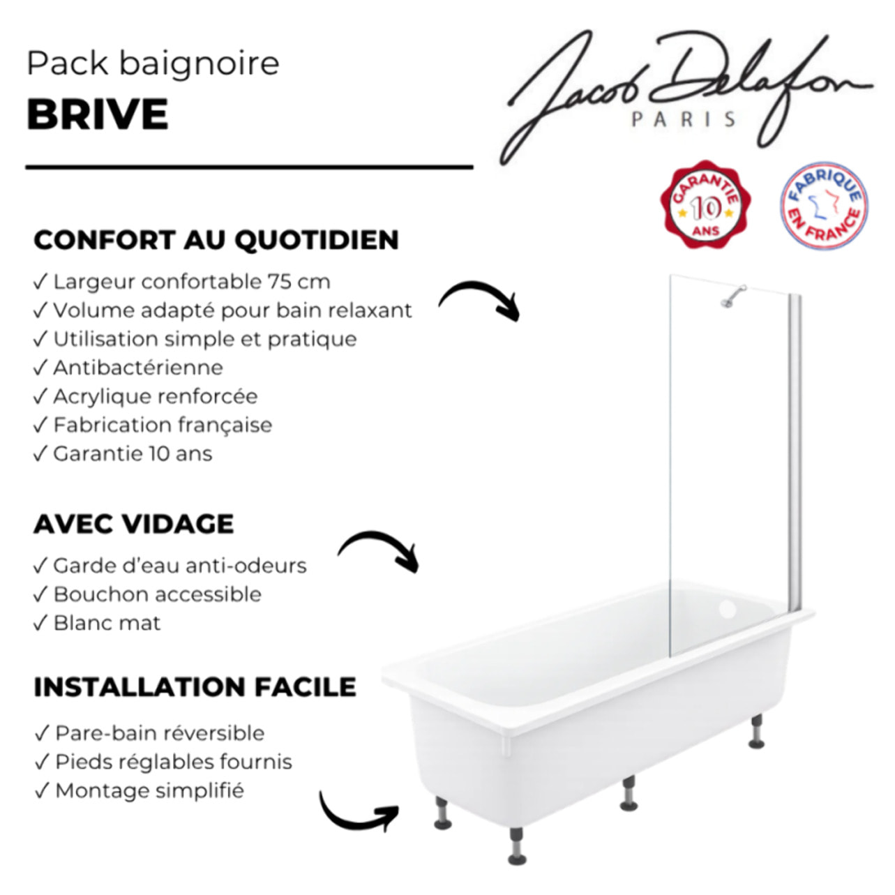 Pack baignoire droite 170 X 75 Brive + pare bain avec vidage blanc