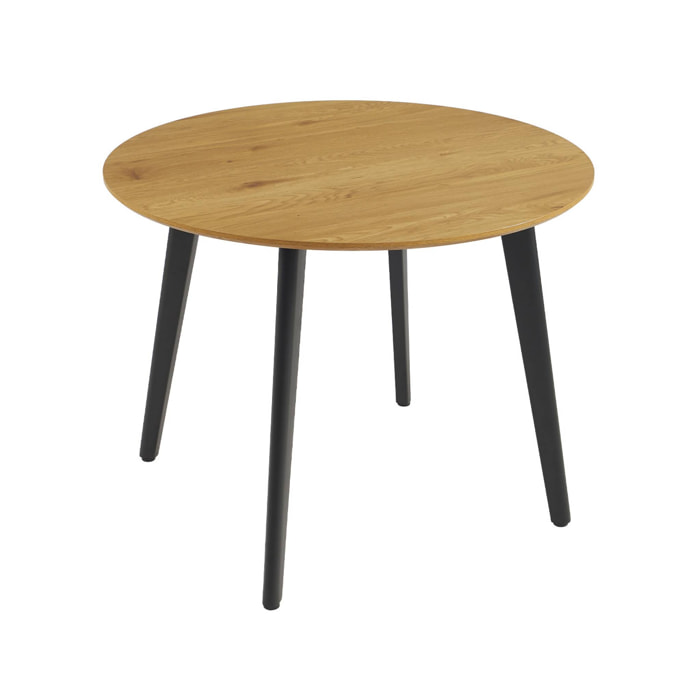 Table à manger ronde effet chêne pieds métal noir 4 places