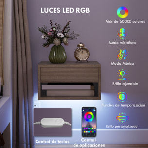 Juego de 2 Mesitas de Noche Flotantes con Luces LED RGB Control de APP, Mesillas de Noche Dormitorio con Cajón, Estante Abierto, para Sala de Estar, 37x32x21 cm, Natural