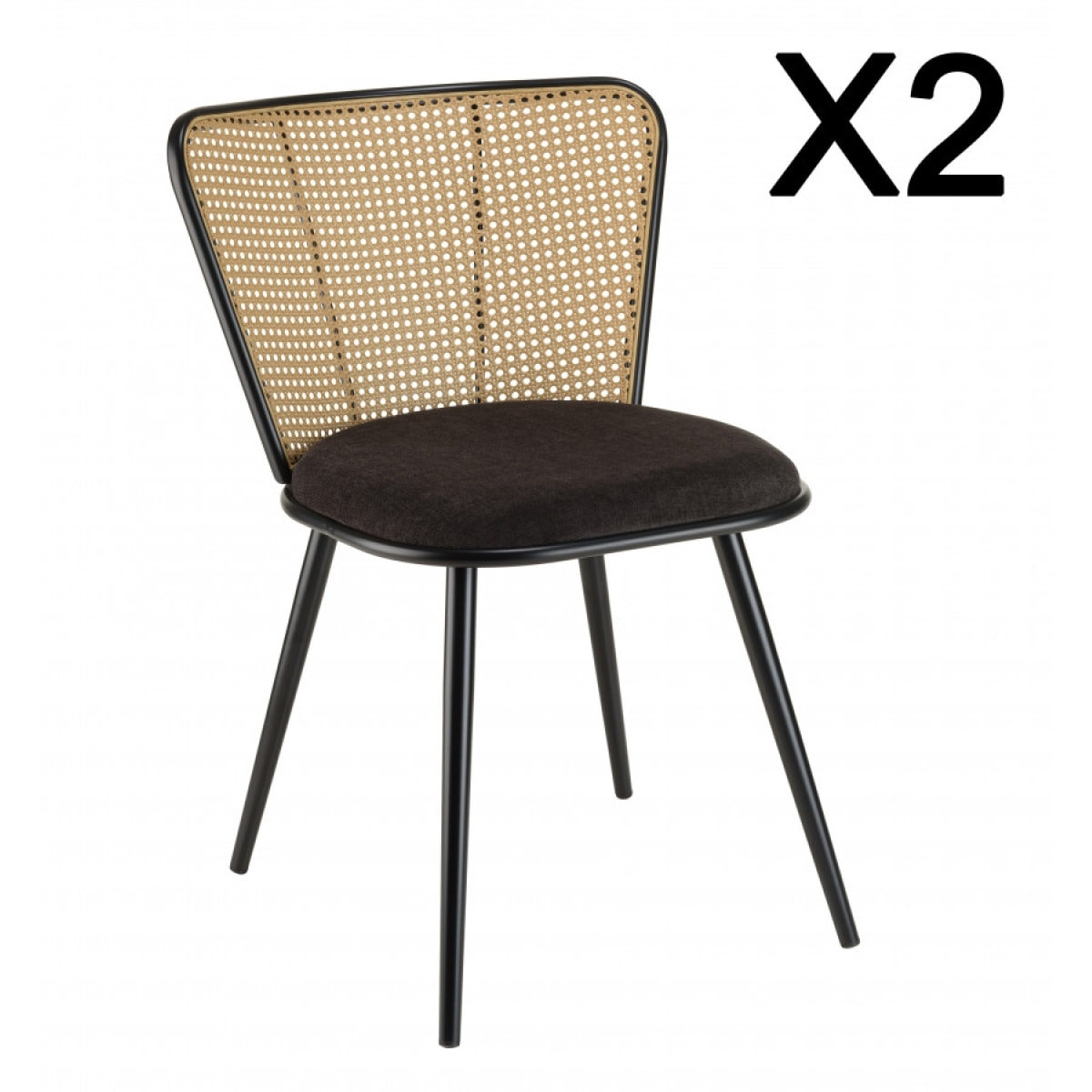 LEA - Lot de 2 chaises assise tissu noir large dossier effet cannage