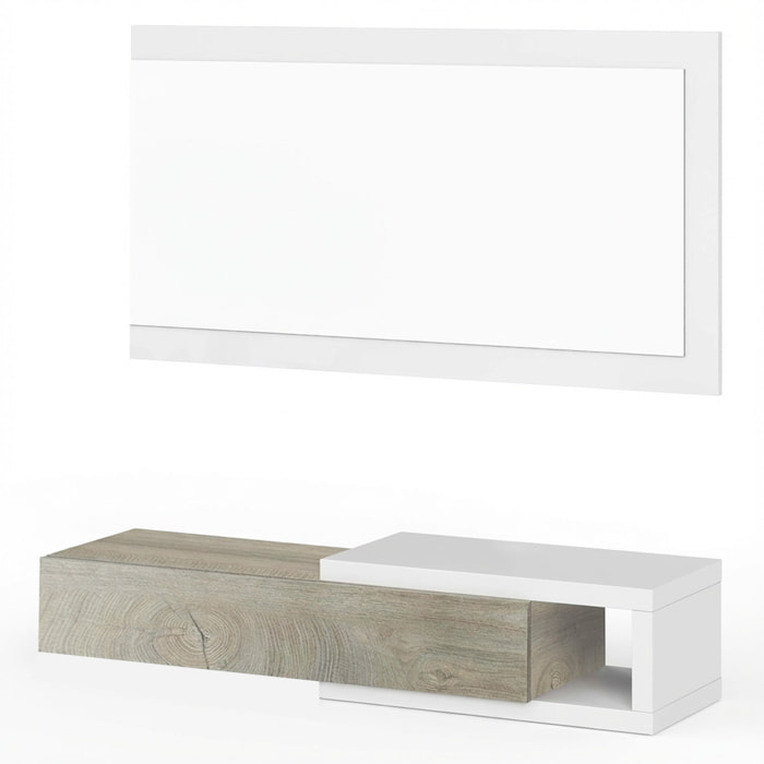 Mobile Maiorca Mobiletto da Ingresso Sospeso con Cassetto Mensola e Specchio Arredo Arredamento Sala 95 x 19 x 26 cm Bianco e Rovere Alaska