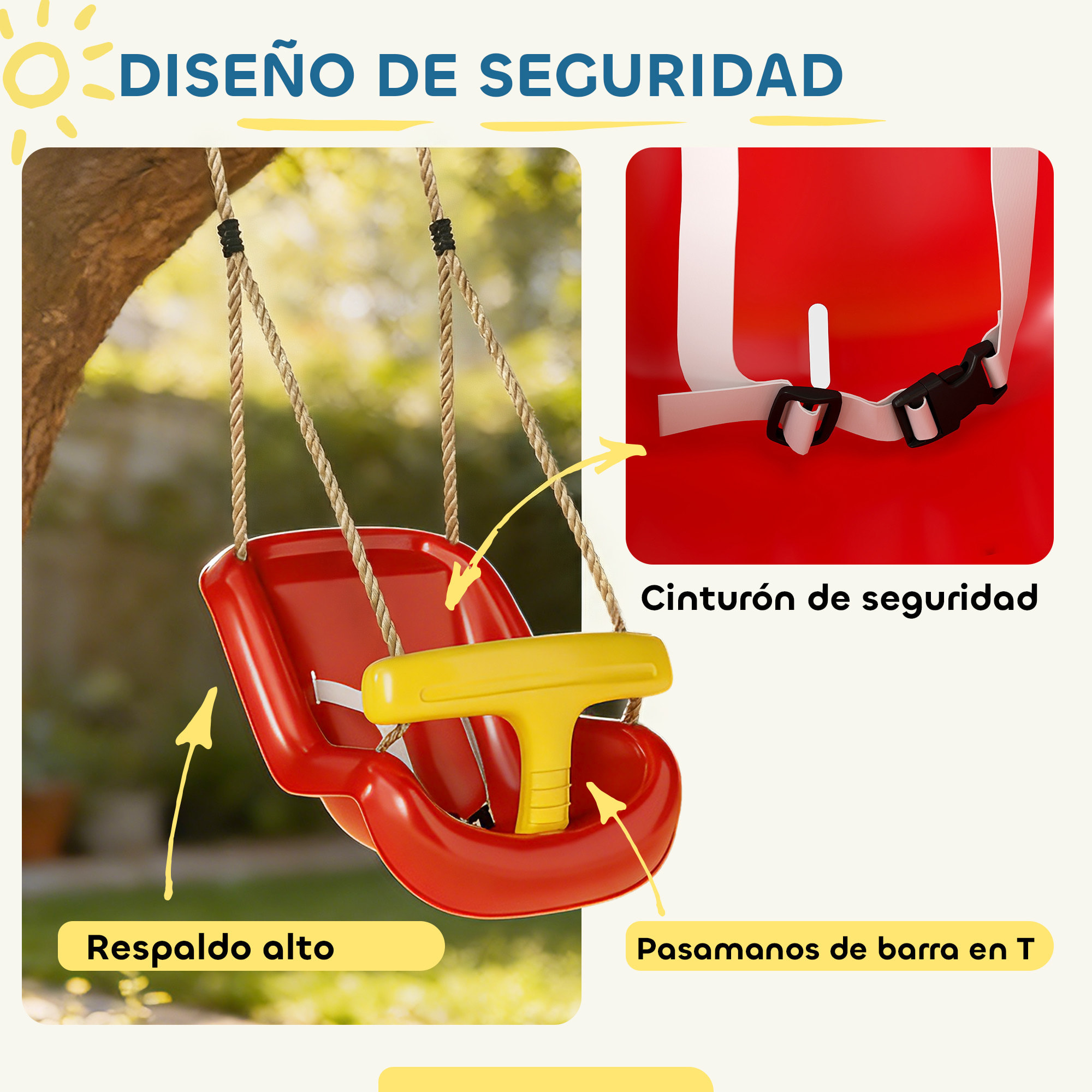 Columpio Infantil, Columpio para Niños, Cuerda Ajustable, con Respaldo Alto, Barandilla de Seguridad en T, para Interior, Exterior, Rojo