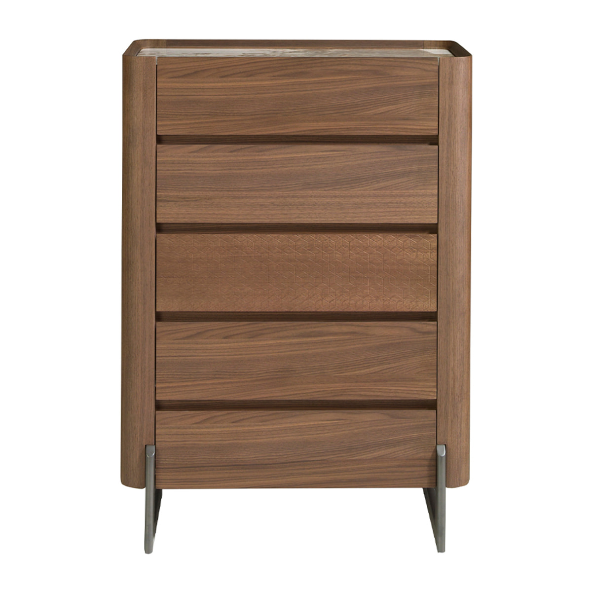 Chifonier de madera chapada en nogal natural y patas de acero inoxidable oscuro metalizado 80x40x112cm