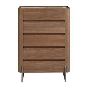 Chifonier de madera chapada en nogal natural y patas de acero inoxidable oscuro metalizado 80x40x112cm