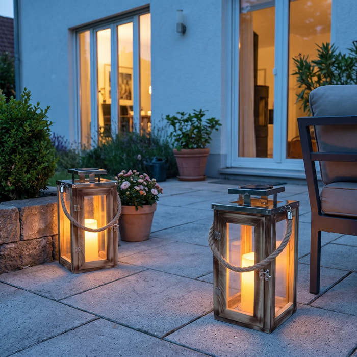 Lot de 2 lanternes solaires décoratives en bois LED blanc très chaud effet bougie 2x OAKY H28cm