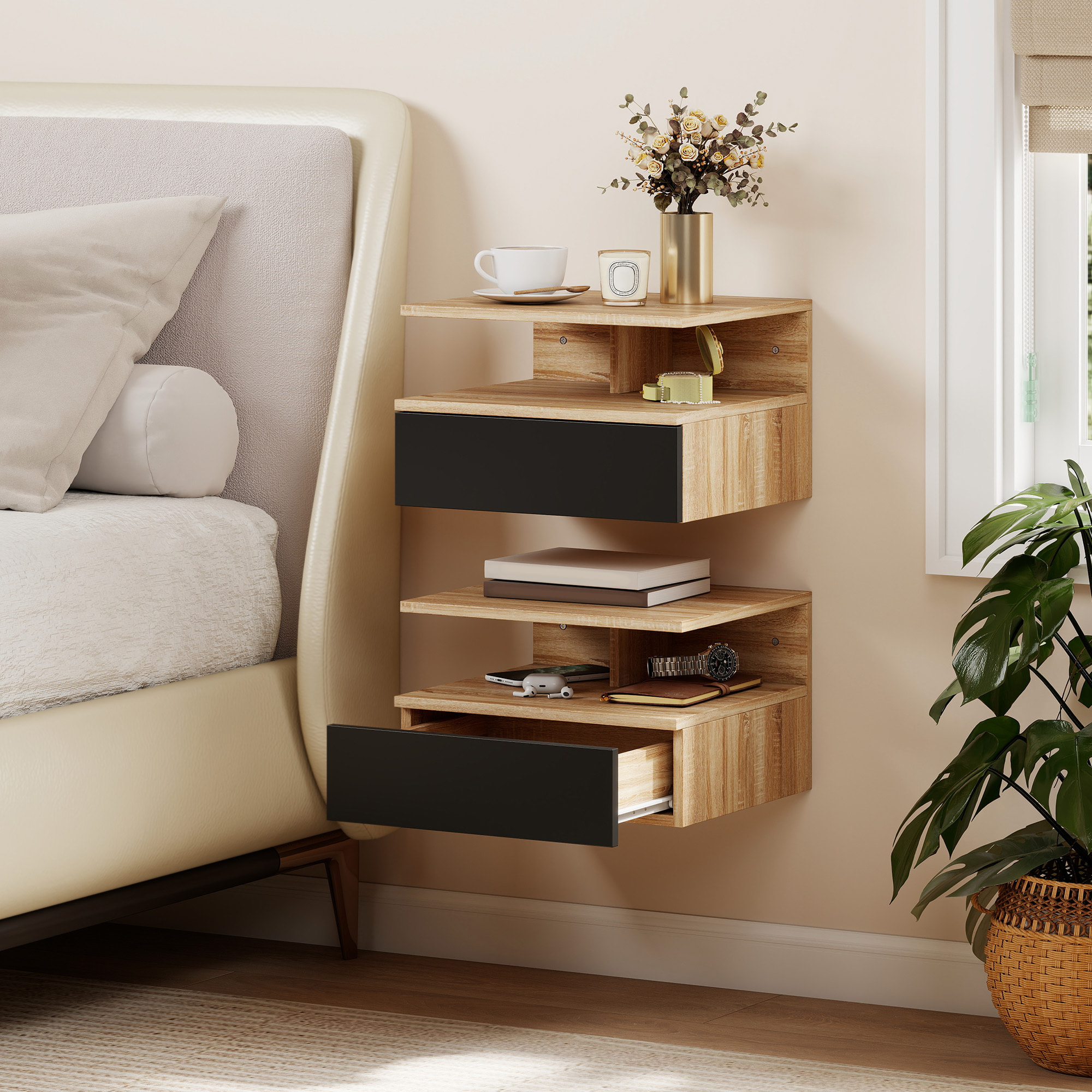 Juego de 2 Mesitas de Noche Flotantes con Cajón, Mesillas de Noche Dormitorio, Montado en la Pared, Estilo Moderno, para Sala de Estar, 35x32x22,5 cm, Roble y Negro