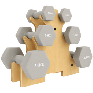 Lot de 3 paires d'haltères hexagonaux total 18 Kg avec support en bois