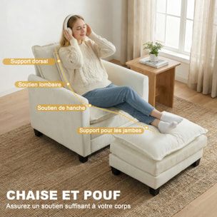 Fauteuil salon avec repose-pieds grand confort tissu chenille crème