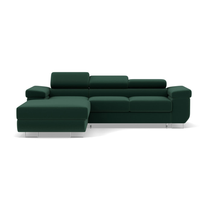 Pablo - canapé d'angle gauche - 6 places - convertible avec coffre et têtières réglables - en velours - Vert