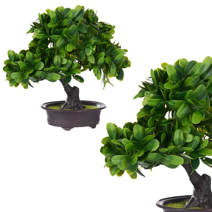 Bonsai in plastica con fiori verdi e vaso nero.