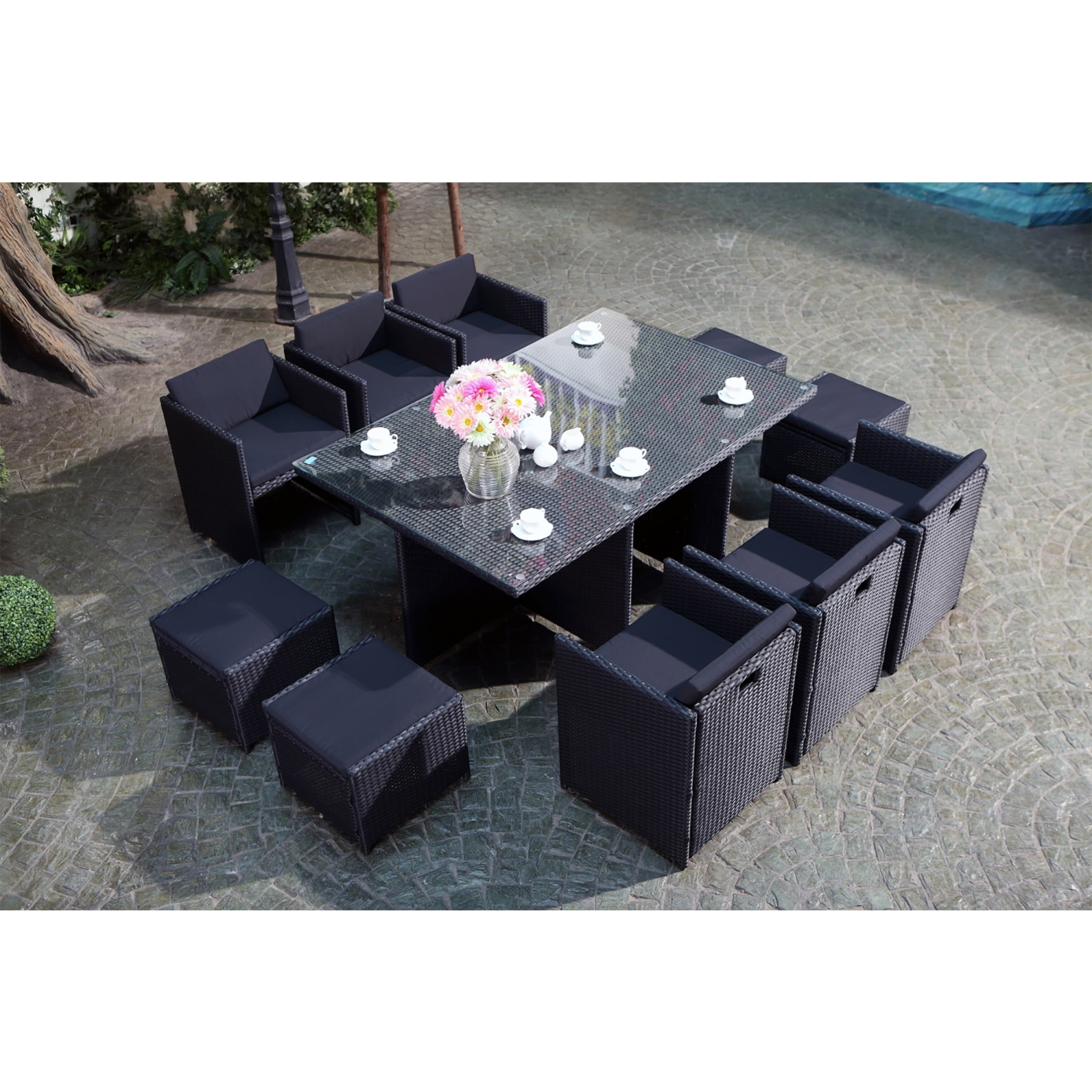Salon de jardin 10 places noir/noir + housse de protection REGINA