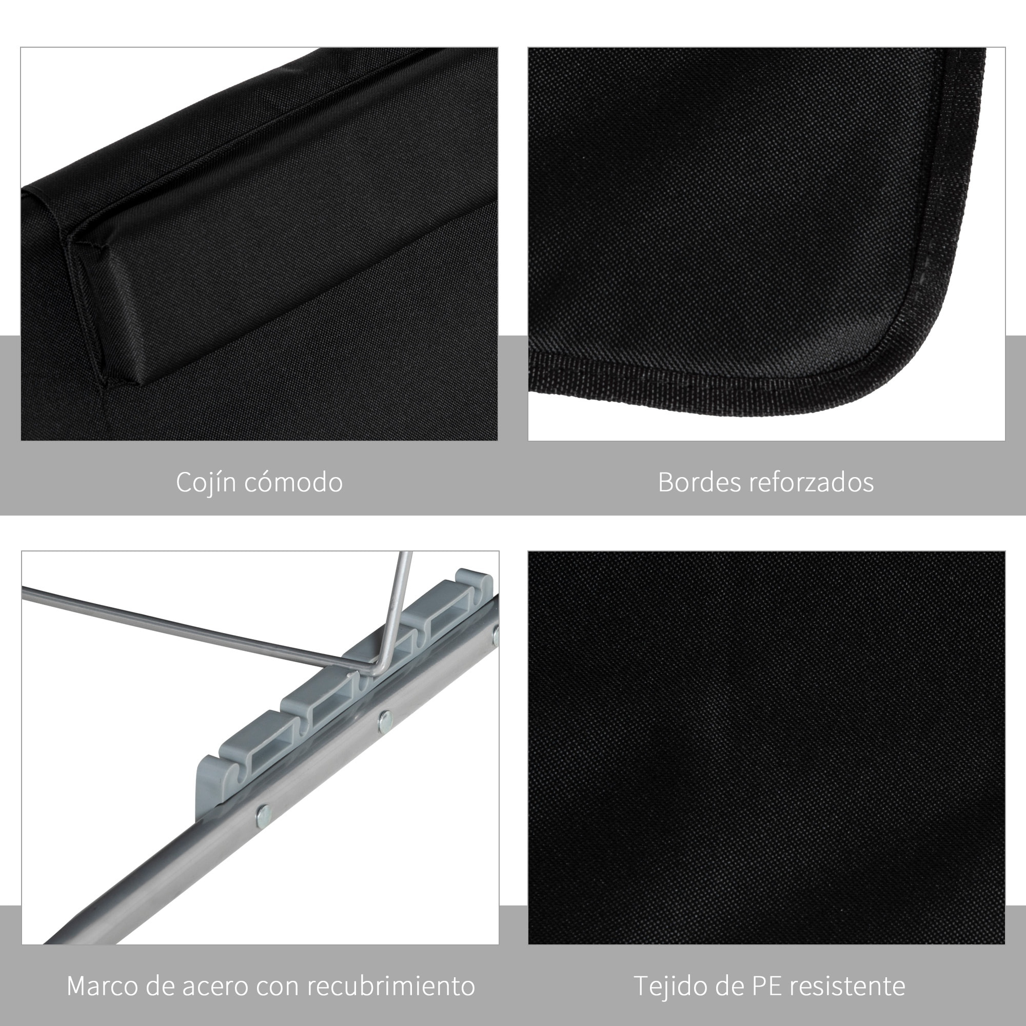 Conjunto de 2 Esterillas de Playa Plegable Esterillas con Respaldo Reclinable en 5 Niveles Reposacabezas y Bolsa de Transporte 134x48x33-43 cm Negro