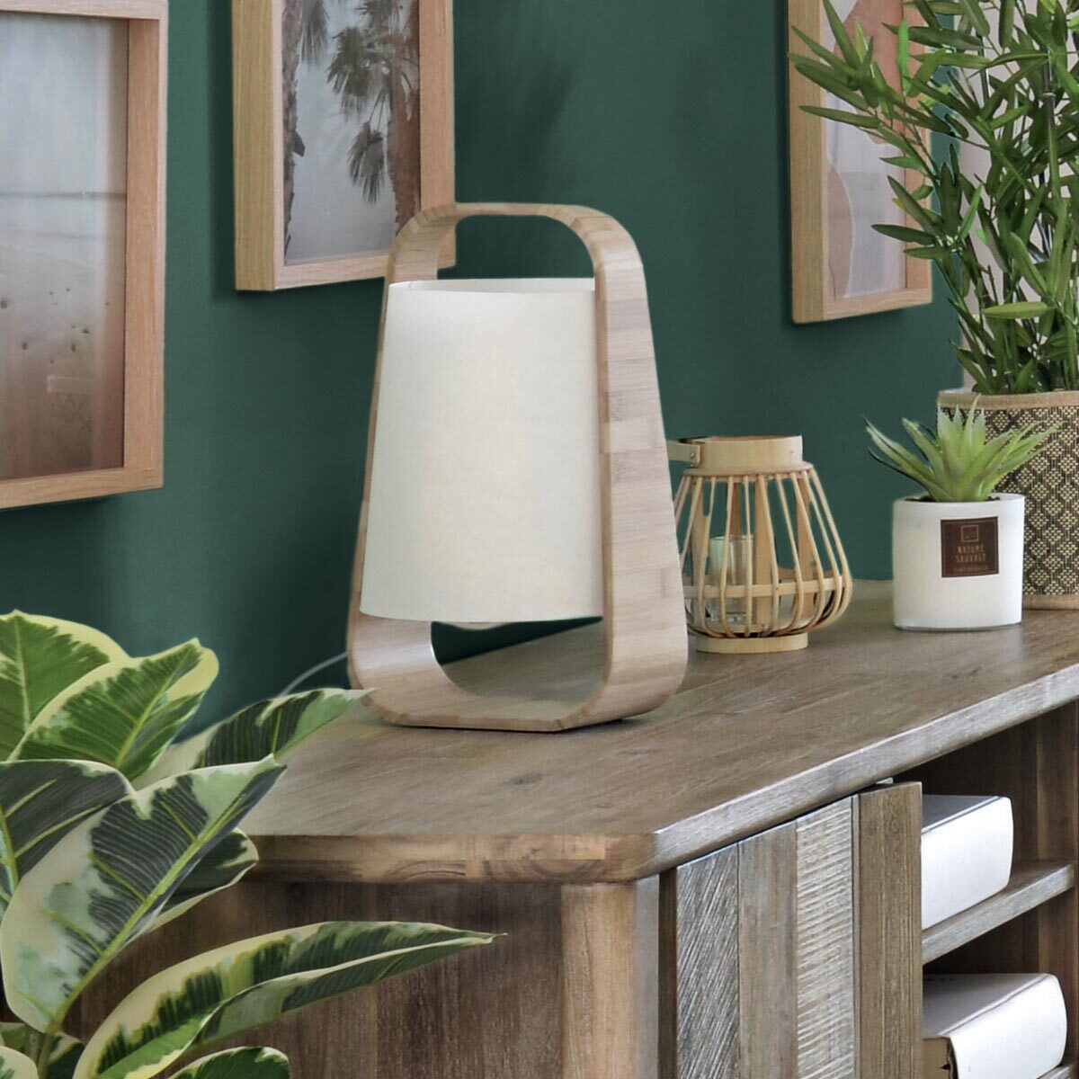 Lampe "Rex" - bambou et blanc H35 cm