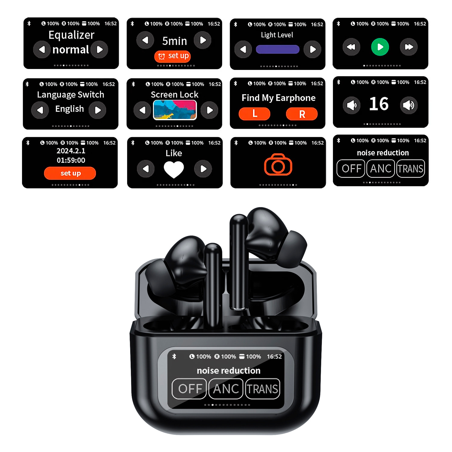 Cuffie TWS KW-07, BT 5.4, con cancellazione attiva del rumore ANC. Base di ricarica con schermo LED e fino a 6 ore di autonomia.