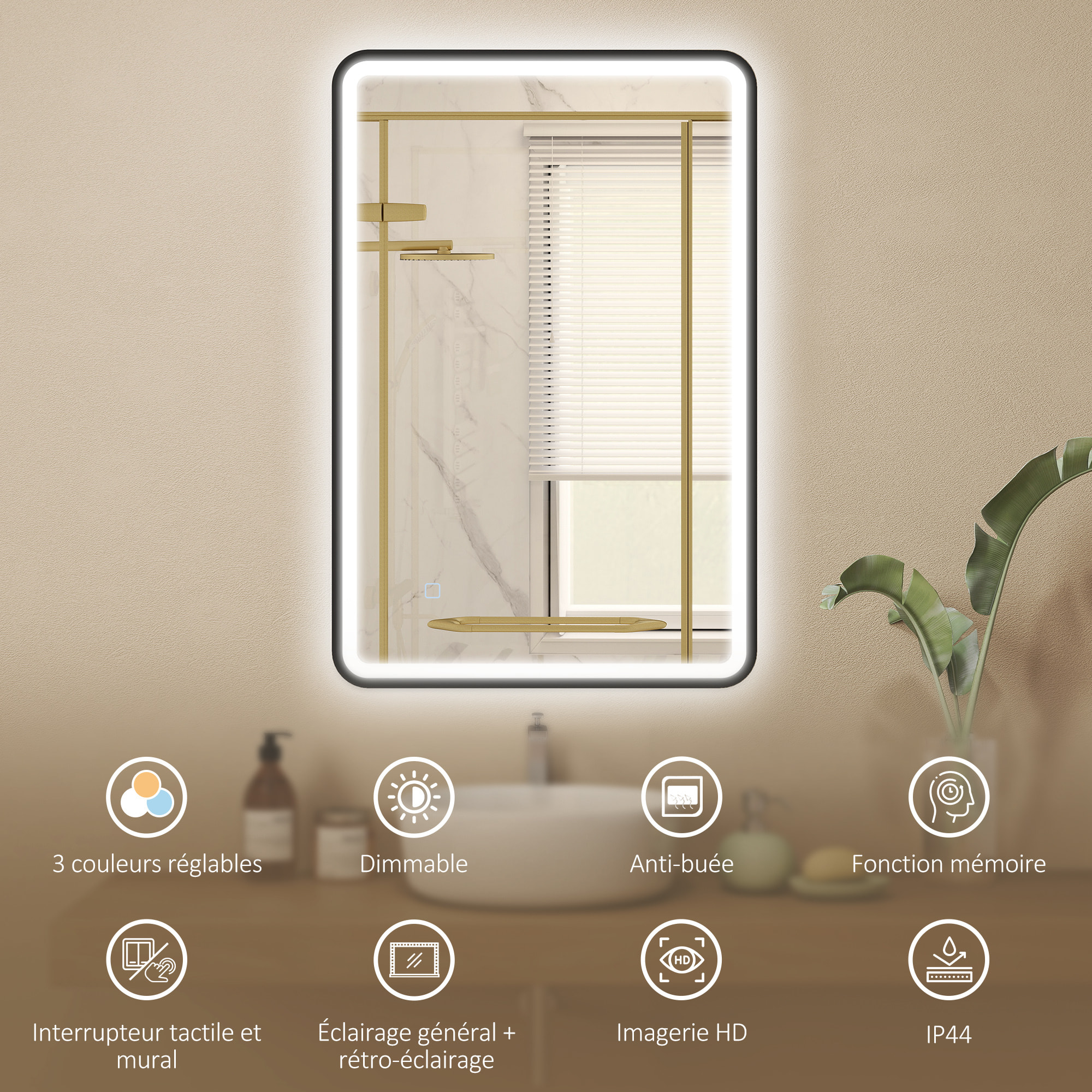 Miroir mural LED tactile réglable 44W fonction antibuée dim. 60 x 90 cm aluminium noir